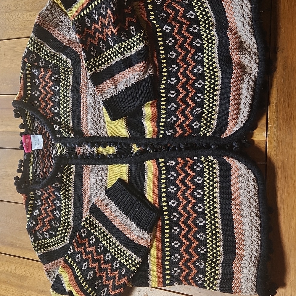 TOGETHER,  Colorful Pom-Pom Trimmed cardigan sweater, Size 10